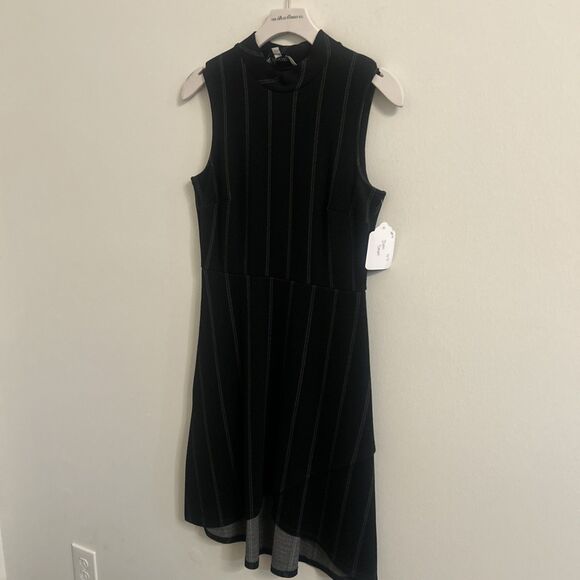 Leota Size Small Black Pinstripe Sleeveless Fit Flare Dress NWT - Picture 2 of 7